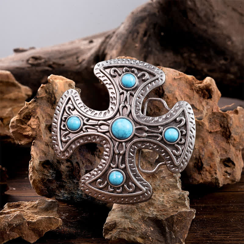 Men's DIY Retro Turquoise Stone Cross Buckle Leather Belt - Cross - Without Belt - image 0
