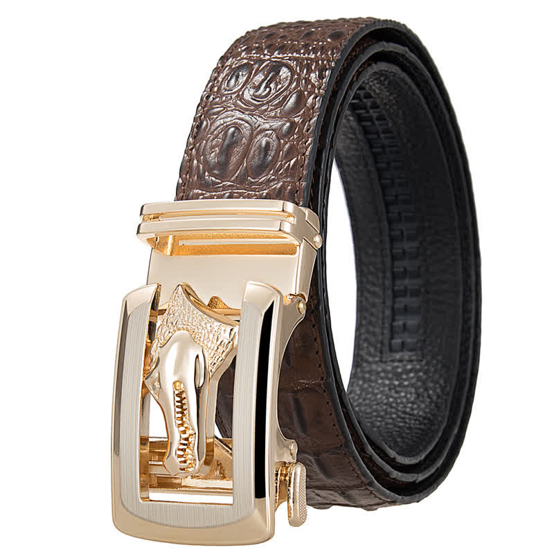 Men's Hollow Automatic Buckle Crocodile Print Leather Belt - Brown / Gold - 46 - image 0