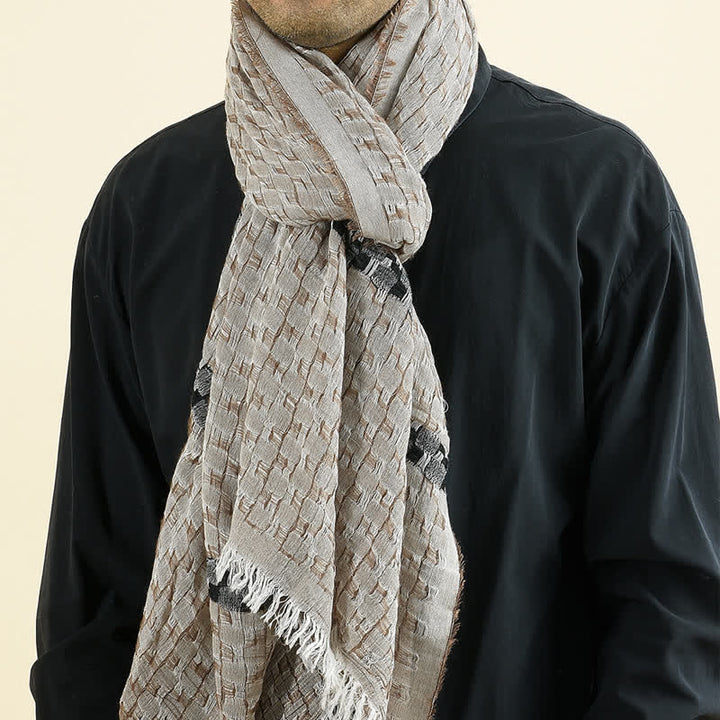 Men's Unique Crinkly Checkered Tassel Scarf - Khaki - image 6