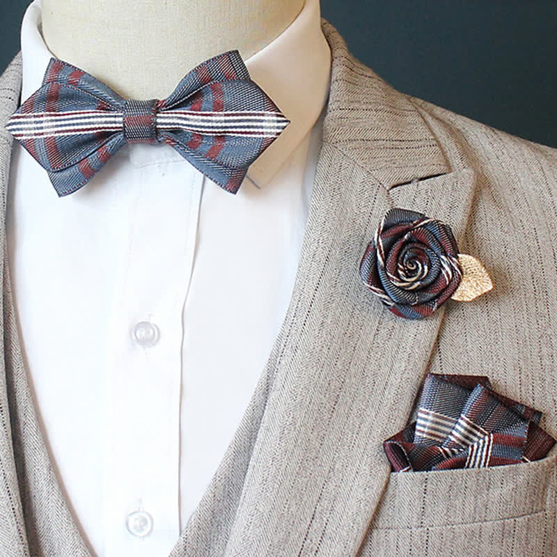 3Pcs Men's Horizon Striped Plaid Bow Tie Set - Pointy - Navy - image 8