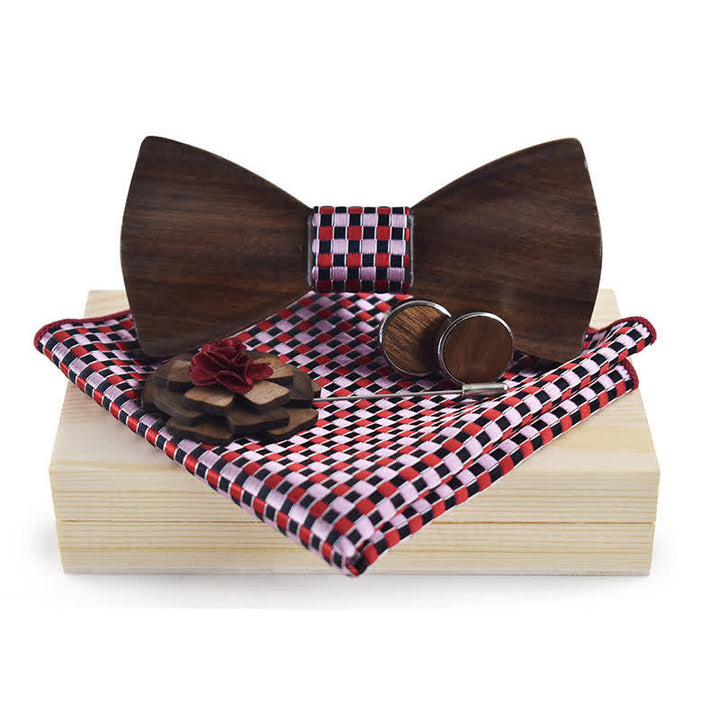 4Pcs Men's Vintage Black Wooden Bow Tie Set - Pink - image 6