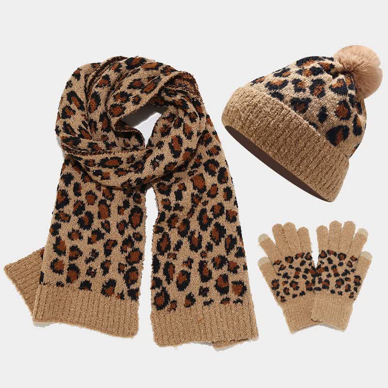 3Pcs Women's Leopard Print Hat Scarf Gloves Set - Camel - Adjustable (22"-22 7/8") - image 0