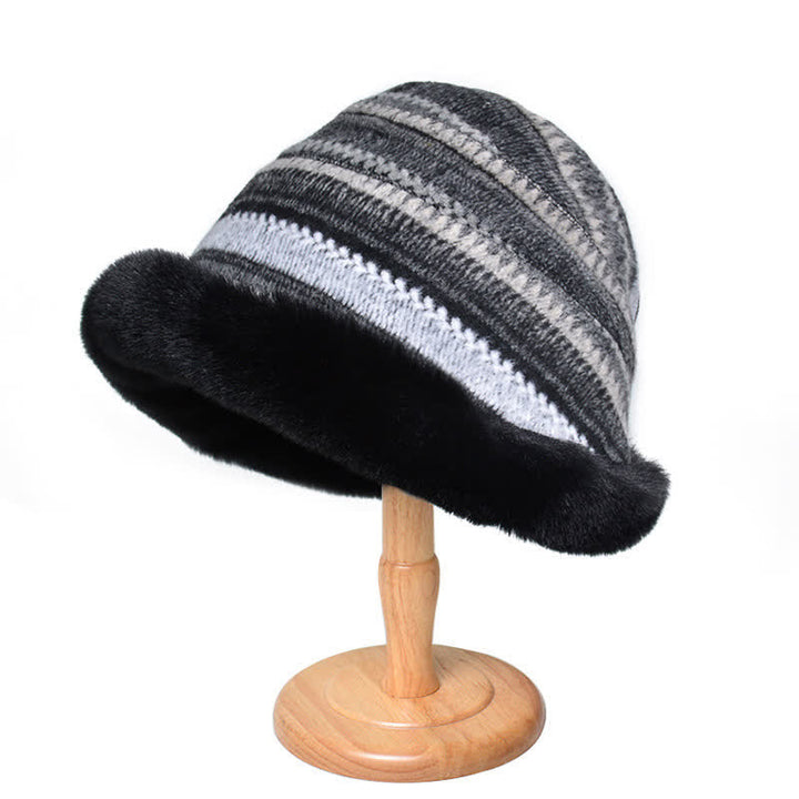 Women's Striped Warm Plush Brim Bucket Hat - Black - M (22 1/2"-22 7/8") - image 6