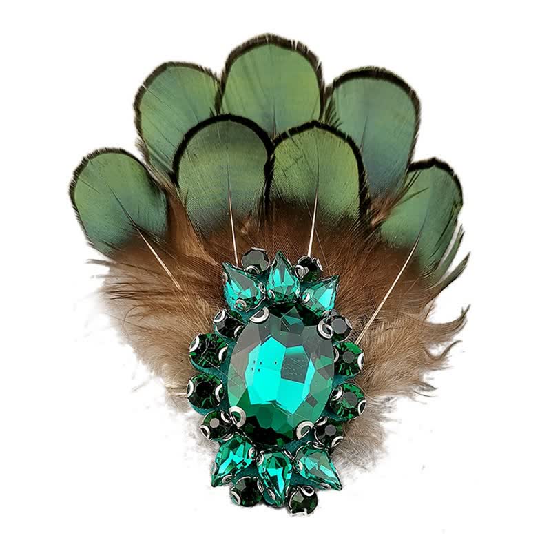 Women's Dark Green Crystal Feather Brooch - image 5