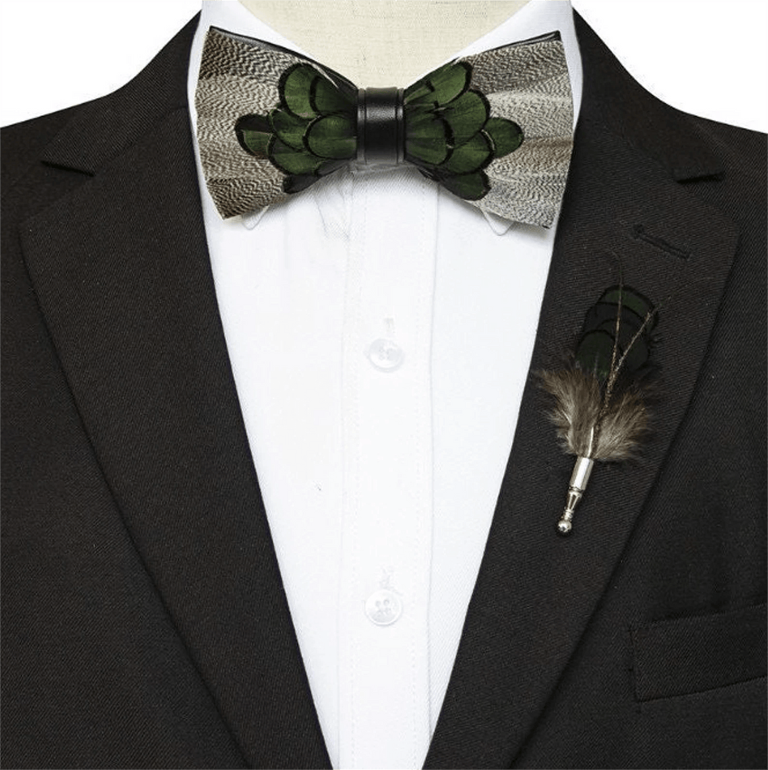 Grey & Forest Green Feather Bow Tie with Lapel Pin - image 2