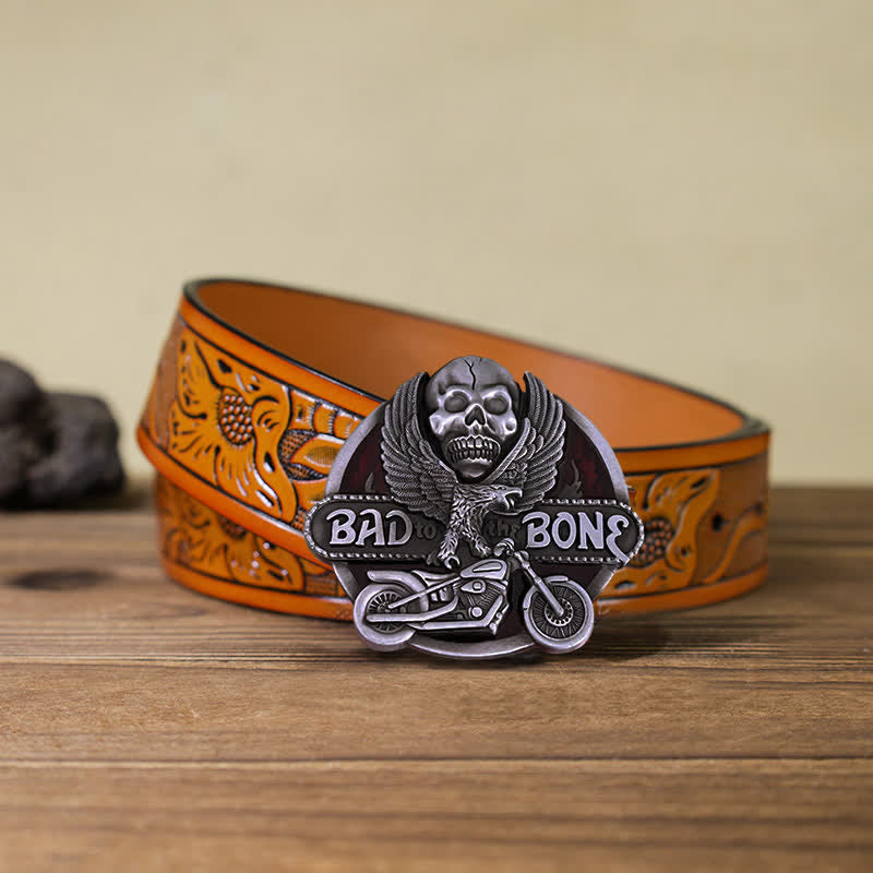 Men's DIY Eagle Skull Biker Bad To The Bone Buckle Leather Belt - Back To The Bone - Orange Carved Belt (40) - image 15