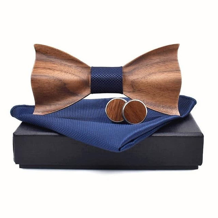 3Pcs Men's Small Checkered Wooden Bow Tie Set - Navy - image 0