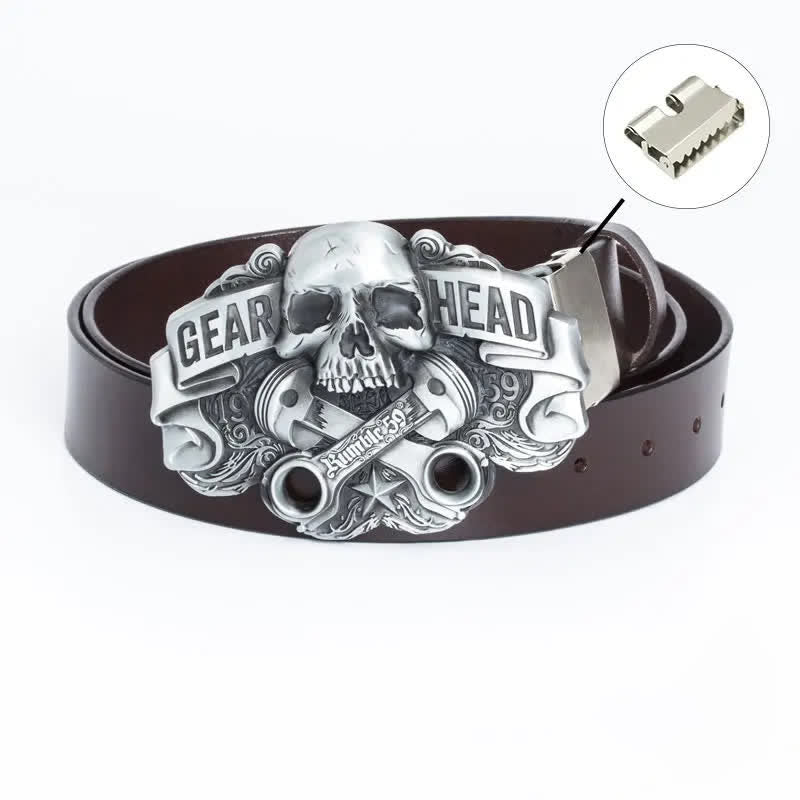 Men's Fancy Skull Gear Head Punk Leather Belt - Iron Linker - Brown - 46 - image 17