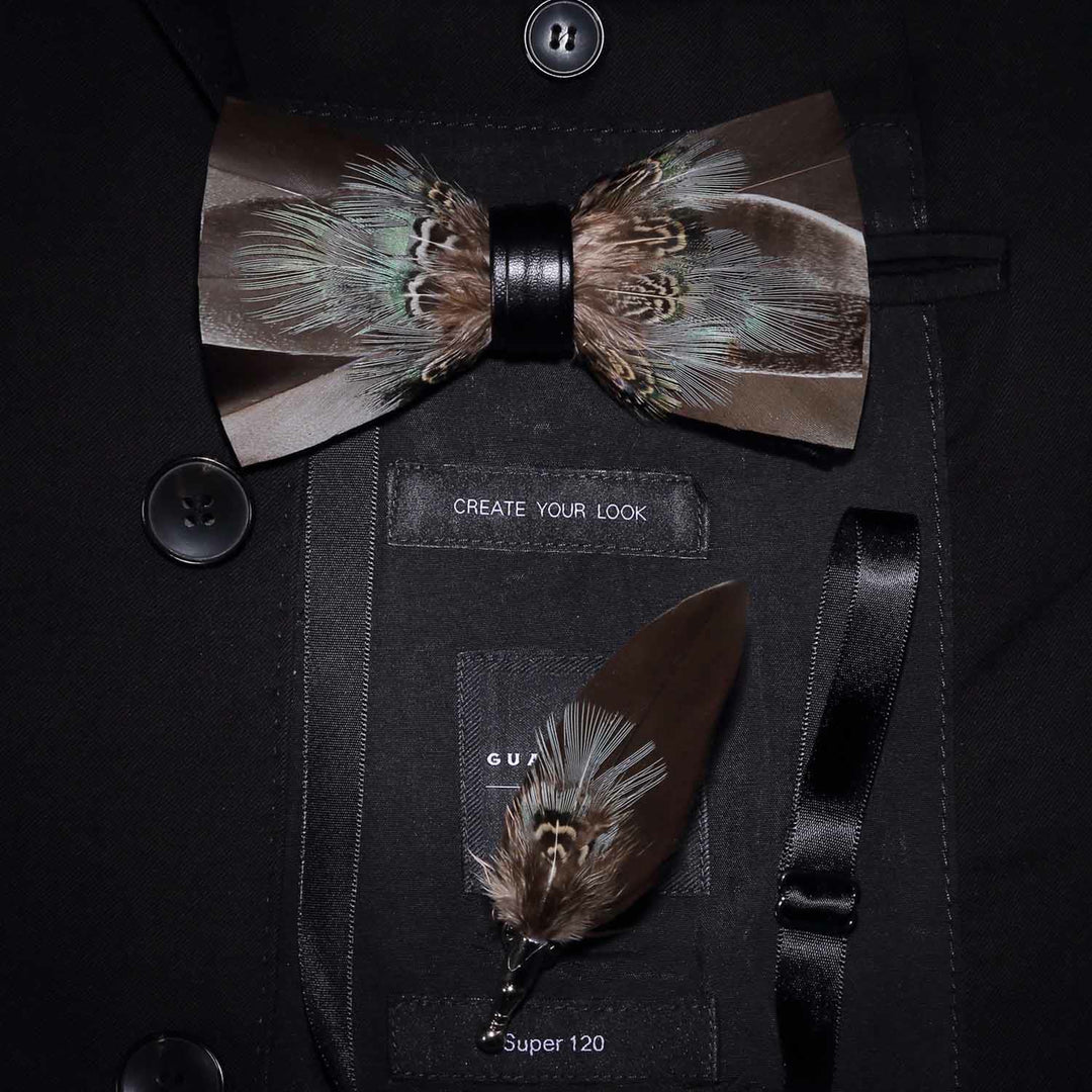 Kid's Brown Rustic Feather Bow Tie with Lapel Pin - Adult - image 2