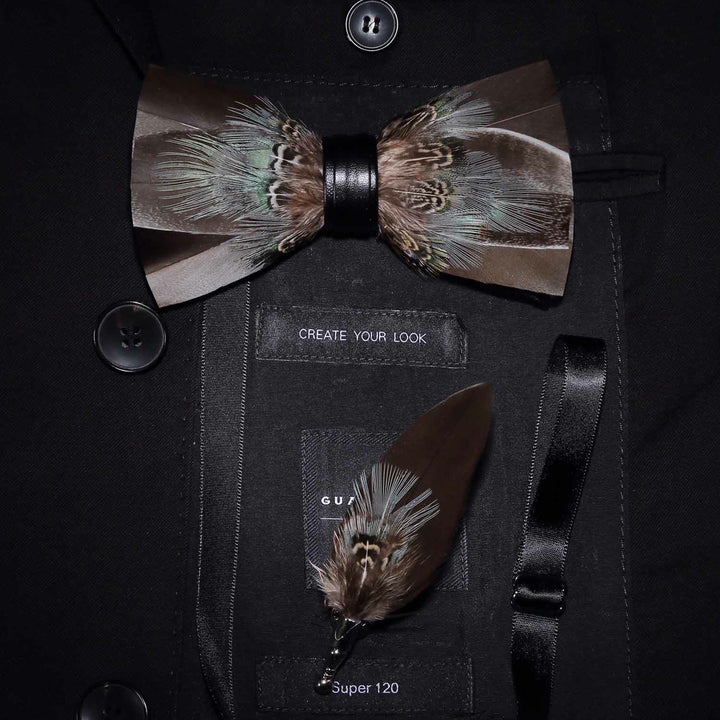 Brown Rustic Feather Bow Tie with Lapel Pin -  Adult - image 0