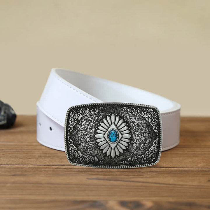 Men's DIY Square Turquoise Western Buckle Leather Belt - Antique Silver - White PU Belt (40) - image 11