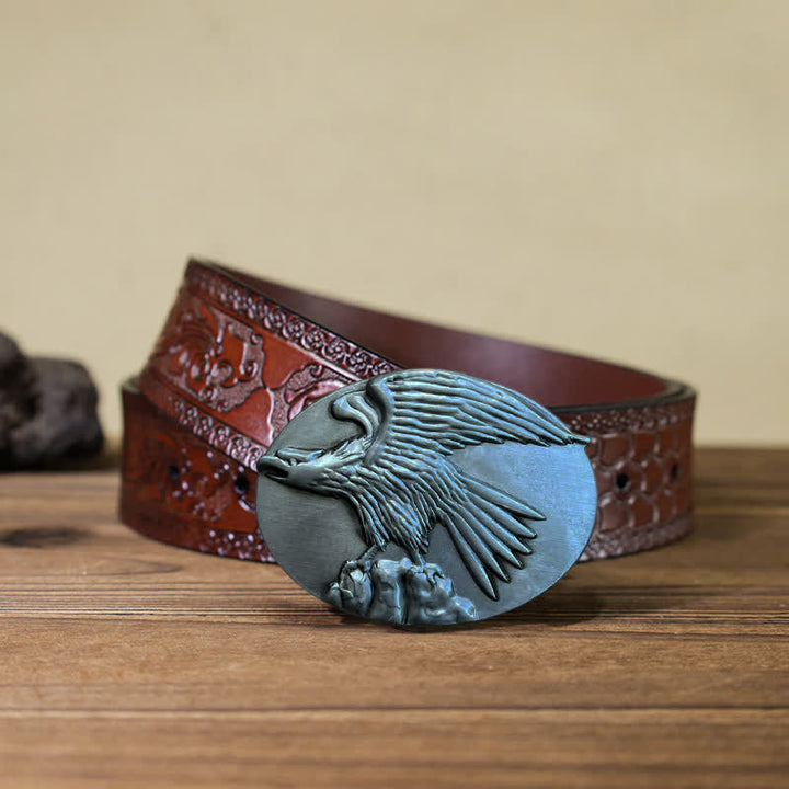 Men's DIY Eagle On Stone Buckle Leather Belt - Silver - Brown Carved Belt (40) - image 17