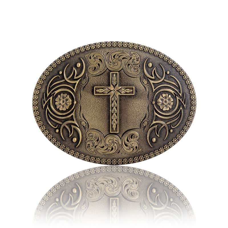 Men's DIY Faith Cross Floral Buckle Leather Belt - Antique Bronze - Without Belt - image 3