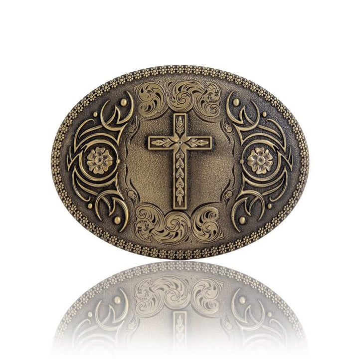Men's DIY Faith Cross Floral Buckle Leather Belt - Antique Bronze - Without Belt - image 3