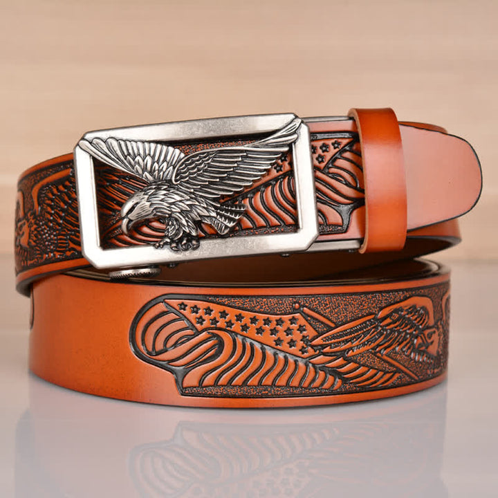 Men's Hollow Eagle Buckle Embossed Leather Belt - Silver & Brown - 46 - image 10