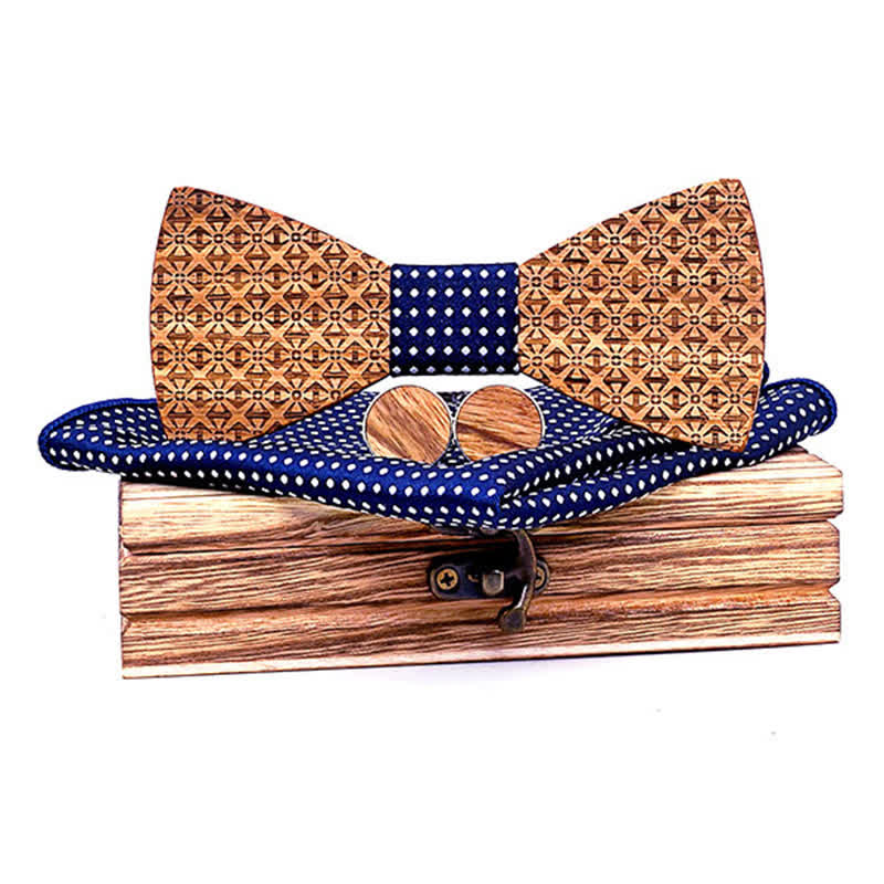 3Pcs Men's Christmas Snowflakes Wooden Bow Tie Set - Navy Dots - image 6