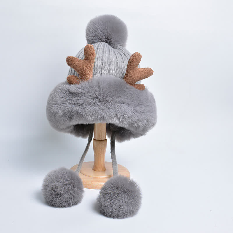 Women's Cute Deer Horn Pompom Knitted Hat - Gray - Adjustable (Approx. 21 5/8"-23 7/8") - image 1
