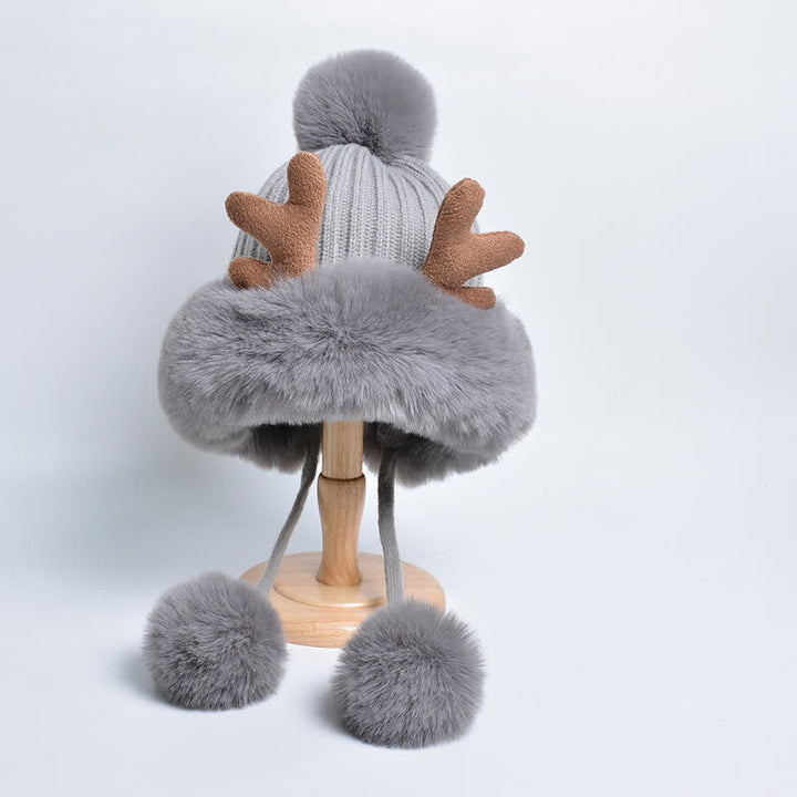 Women's Cute Deer Horn Pompom Knitted Hat - Gray - Adjustable (Approx. 21 5/8"-23 7/8") - image 1