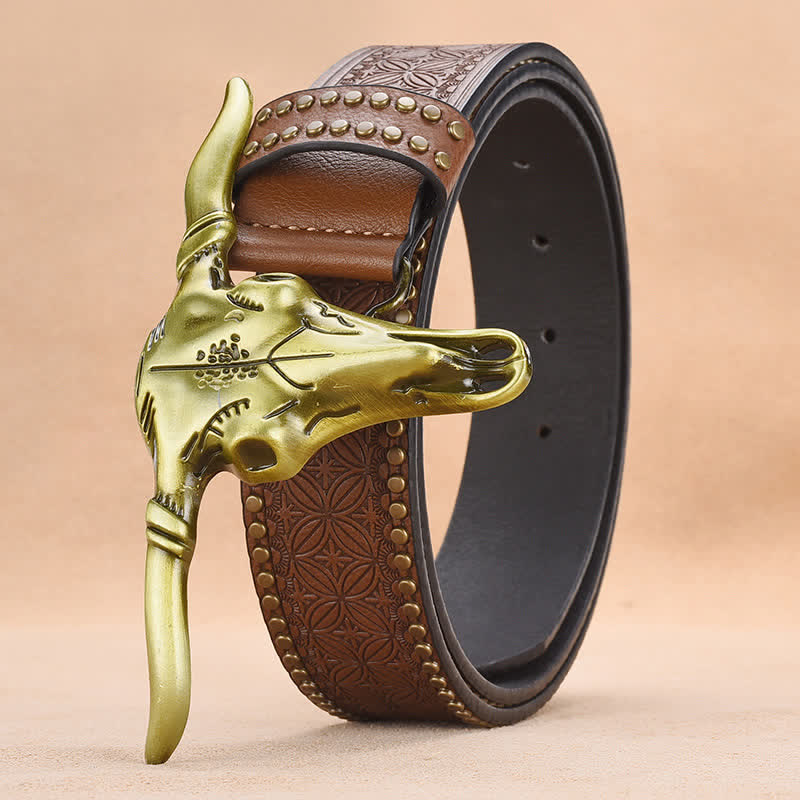 Men's Western Cattle Head Rivet Embossed Leather Belt - Brown - 44 - image 0