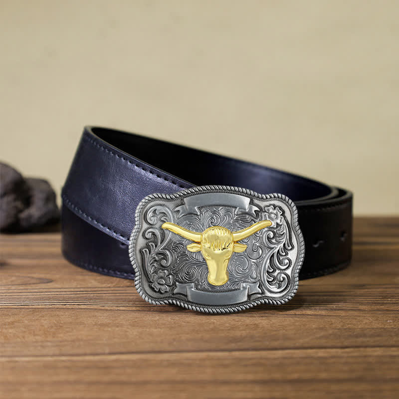 Men's DIY Gold Carving Animal Buckle Leather Belt - Bull - Black PU Belt (40) - image 39