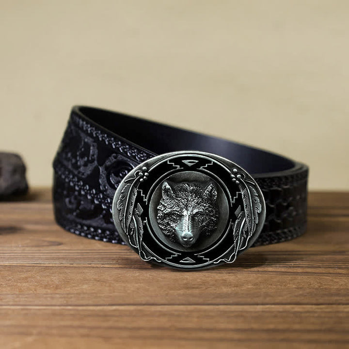 Men's DIY Vivid Wolf Head Buckle Leather Belt - Wolf Head - Black Carved Belt (40) - image 11