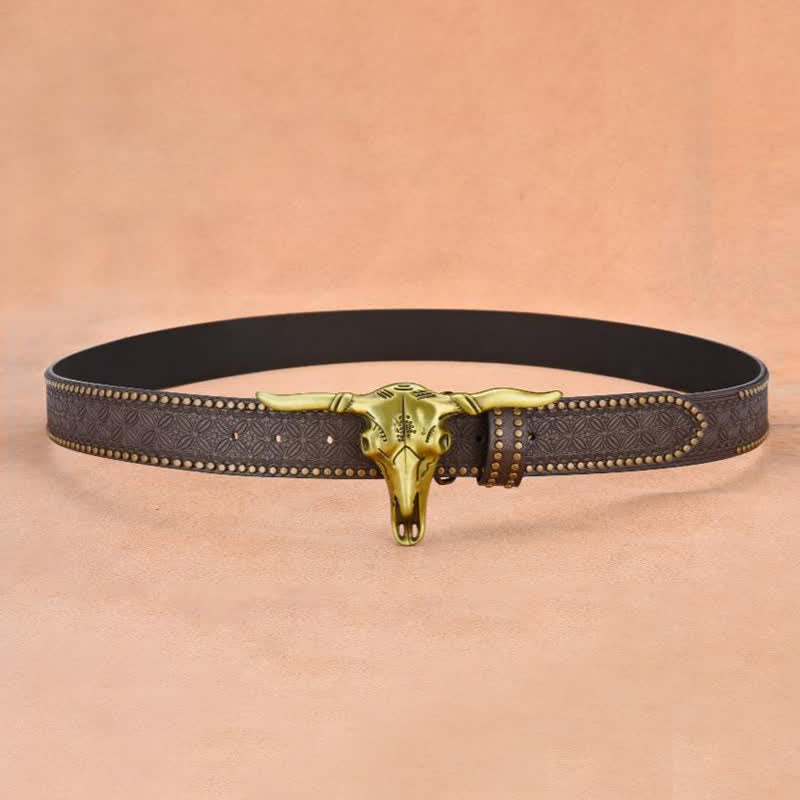 Men's Western Cattle Head Rivet Embossed Leather Belt - image 11