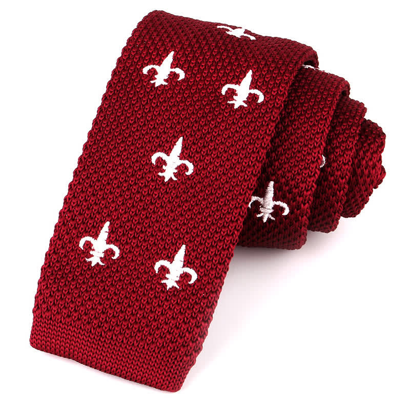 Men's Repeating Motifs Skinny Knitted Necktie - Red Fleur De Lis - image 5
