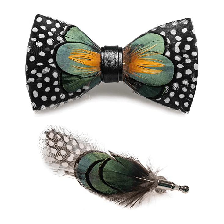 ForestGreen & Orange White Dots Feather Bow Tie with Lapel Pin - image 2