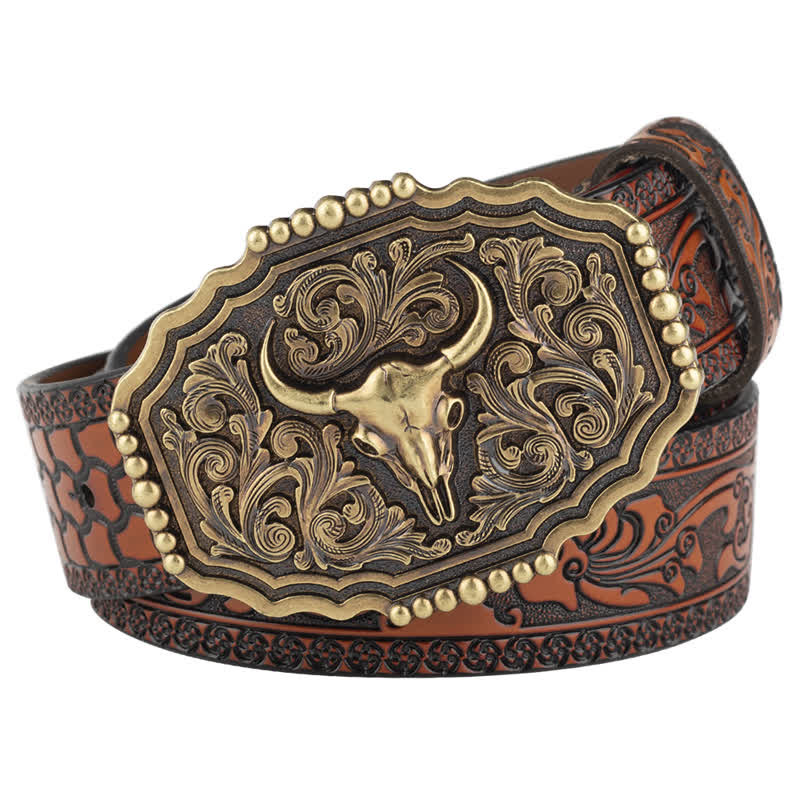 Men's Classic Floral Bull Skull Leather Belt - Orange - 46 - image 0