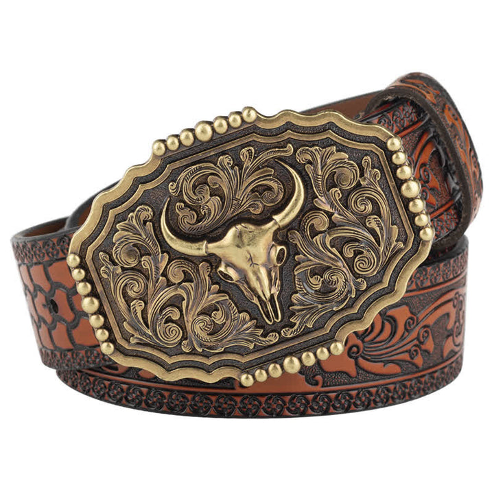 Men's Classic Floral Bull Skull Leather Belt - Orange - 46 - image 0