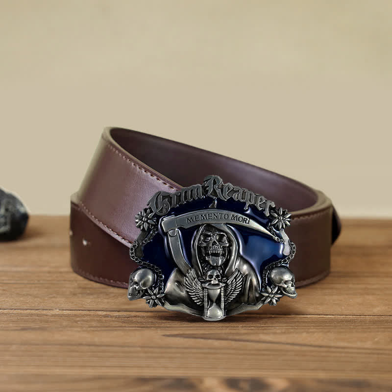 Men's DIY Death Sickle Skull Buckle Leather Belt - Skull - Brown PU Belt (40) - image 7