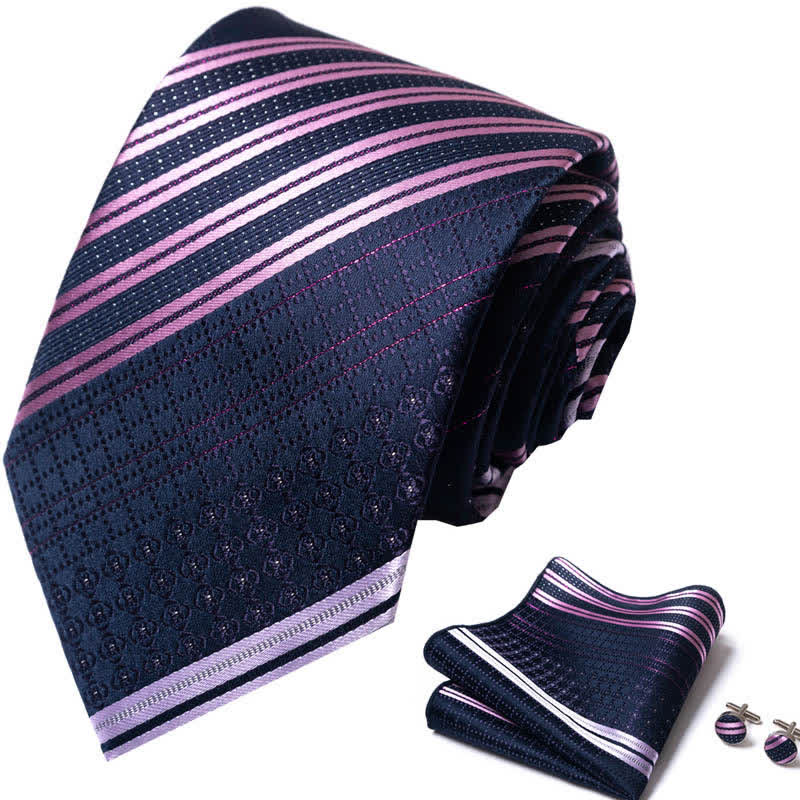 3Pcs Men's Noble Navy & Violet Striped Necktie Set - image 1