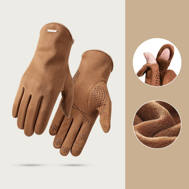 Suede Thermal Velvet Split Finger Gloves - Camel - image 1