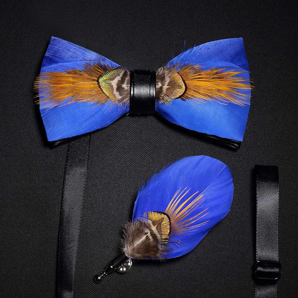 Gold & Blue Sunny Feather Bow Tie with Lapel Pin - Gold & Blue - image 0