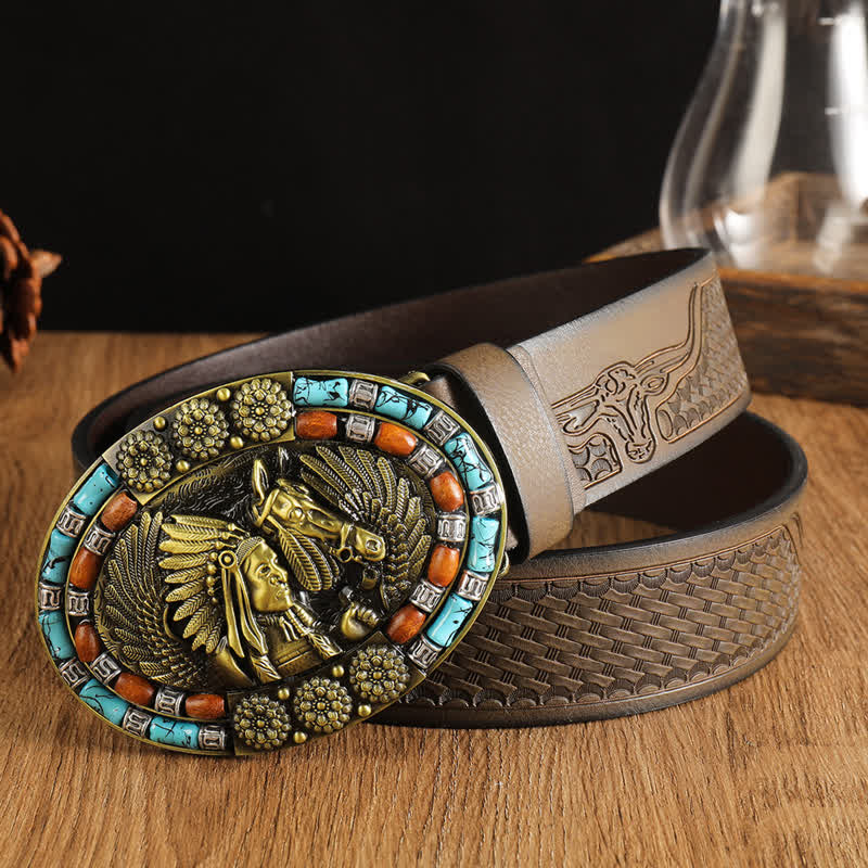 Men's Boho Indian Art Turquoise Leather Belt - Coffee #2 - 42 - image 4