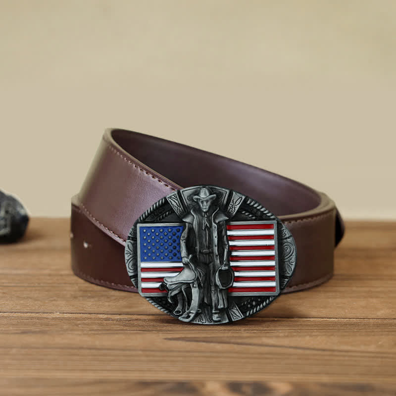 Men's DIY American Flag Cowboy Buckle Leather Belt - Cowboy - Brown PU Belt (40) - image 9