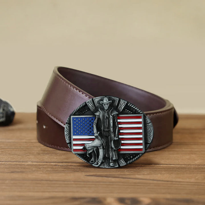 Men's DIY American Flag Cowboy Buckle Leather Belt - Cowboy - Brown PU Belt (40) - image 9