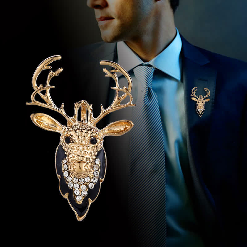 Men's Bling Elk Deer Head Brooch - Gold - image 0