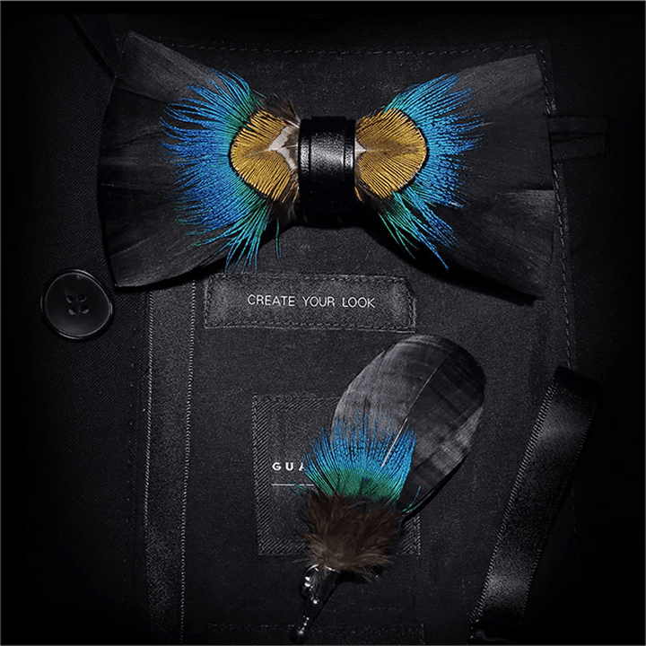Blue & Black Pheasant Feather Bow Tie with Lapel Pin - Blue & Black - image 0