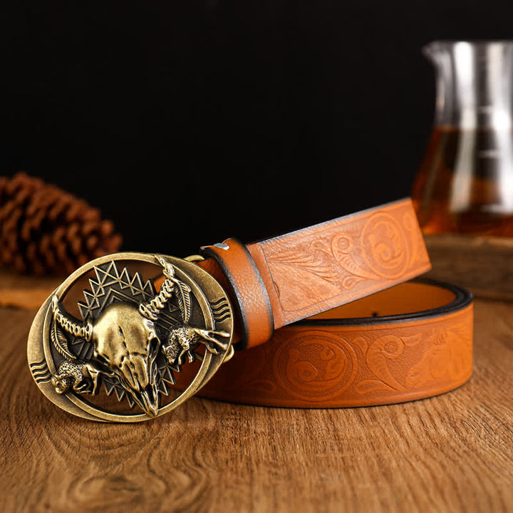Men's Bull Skeleton Head Buckle Leather Belt - Reddish-Brown - 42 - image 2