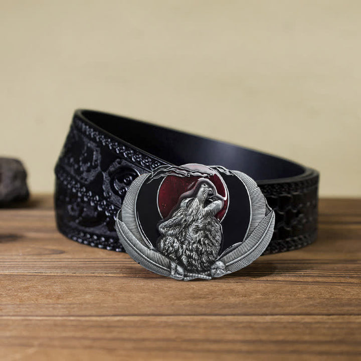 Men's DIY Howling Wolf Moon Oval Buckle Leather Belt - Red - Black Carved Belt (40) - image 12