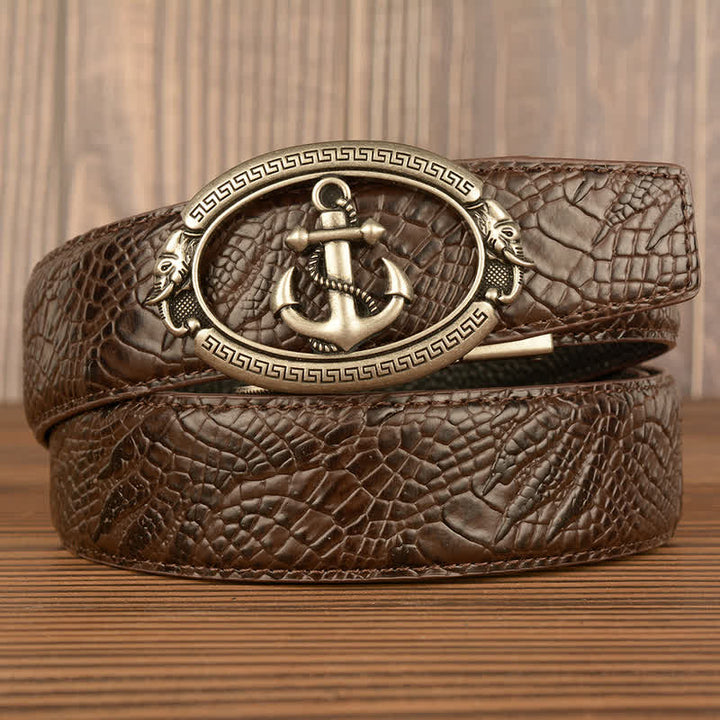 Men's Nautical Anchor Crocodile Embossed Leather Belt - Silver & Brown - Crocodile Claw - 44 - image 21