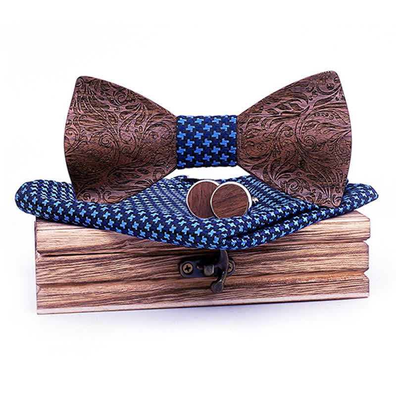 3Pcs Men's Black Walnut Paisley Wooden Bow Tie Set - Navy Stars - image 5
