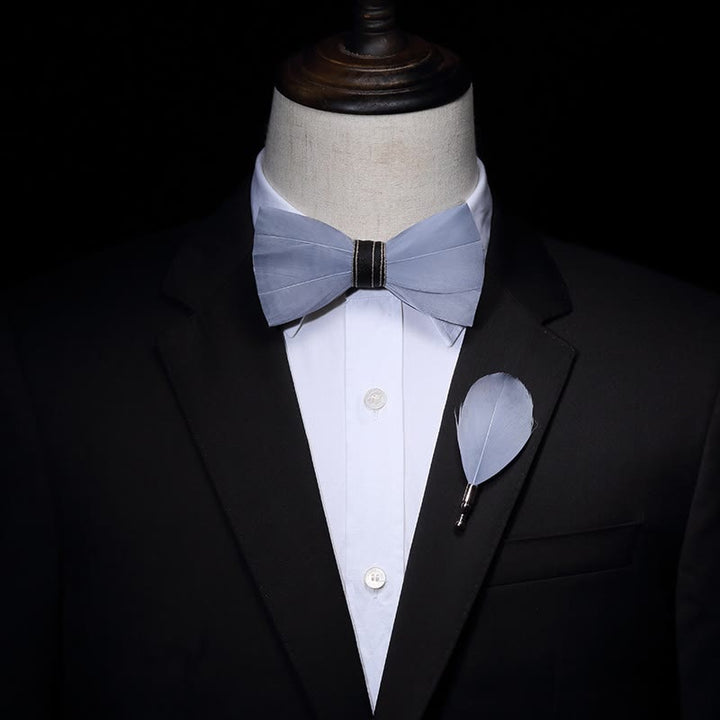 Lightblue Simple Feather Bow Tie with Lapel Pin - image 1