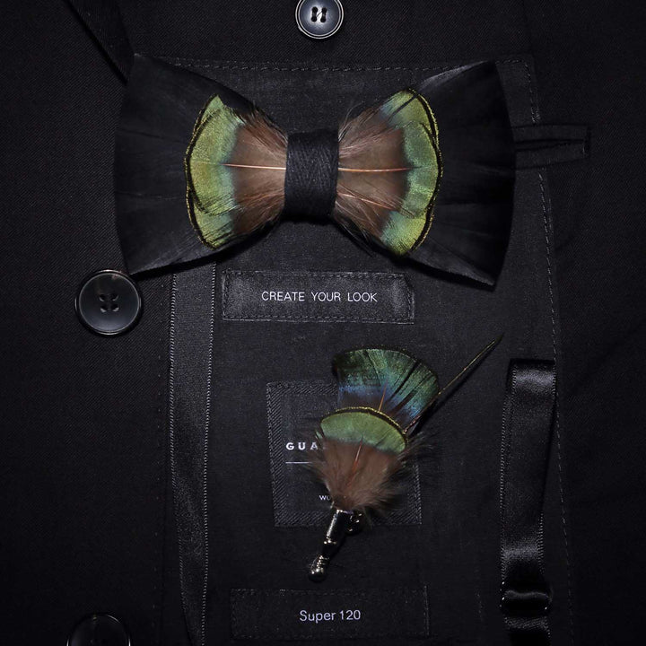 Green & Brown Spring Feather Bow Tie with Lapel Pin - Green & Brown - image 0