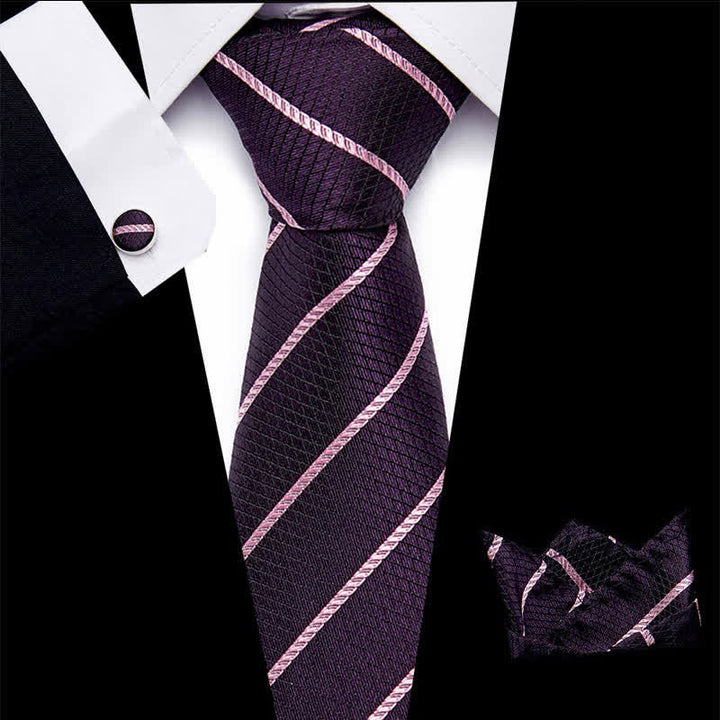 3Pcs Men's Trendy DarkMagenta Striped Necktie Set - DarkMagenta - image 0