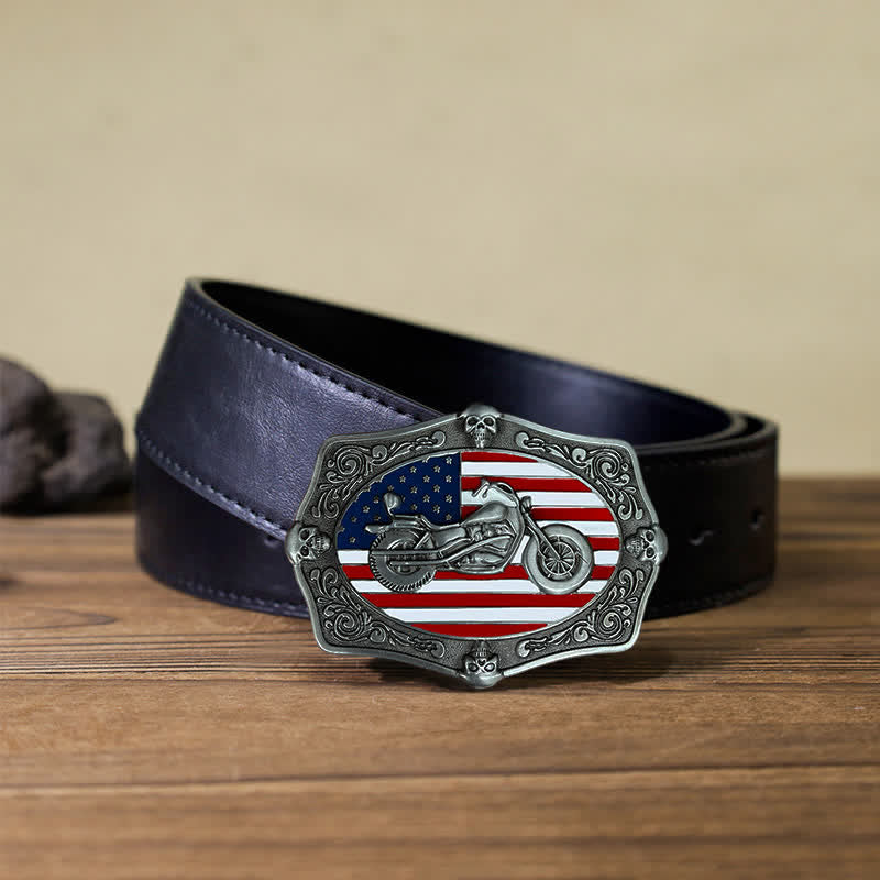 Men's DIY Motorcycle USA Flag Skull Buckle Leather Belt - Motorcycle - Black PU Belt (40) - image 3