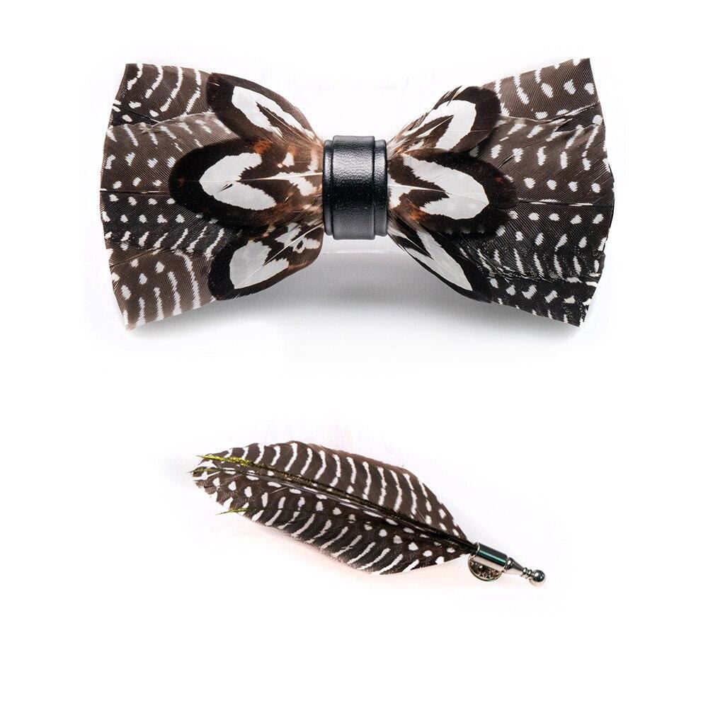 Brown & White Spots Feather Bow Tie with Lapel Pin - image 2