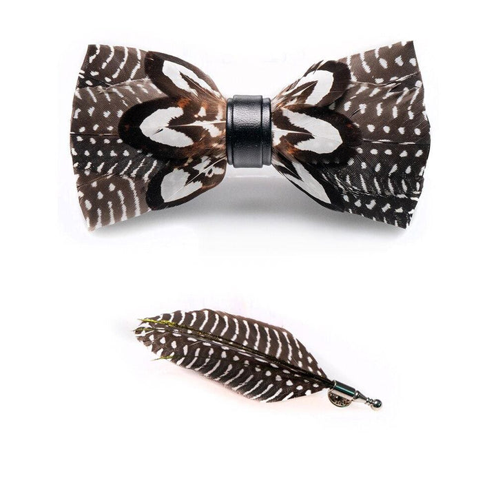 Brown & White Spots Feather Bow Tie with Lapel Pin - image 2