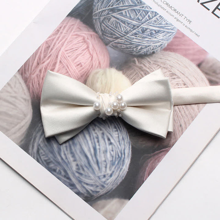 Men's Graceful Ivory White Pearls Flower Bow Tie - Style #1 - image 2